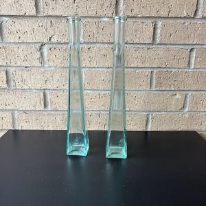 Two Clear Glass Bottles Green Tint Made in Spain Square 12.5 in Tall